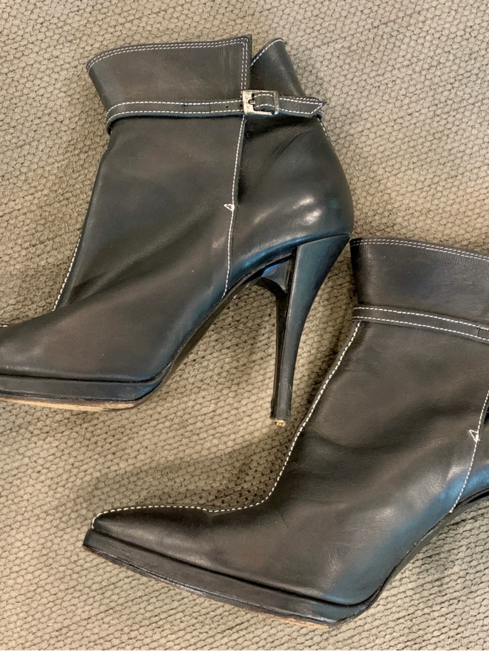 Karl Lagerfeld Black Pointed Stiletto Ankle Boots with Contrast Stitching
